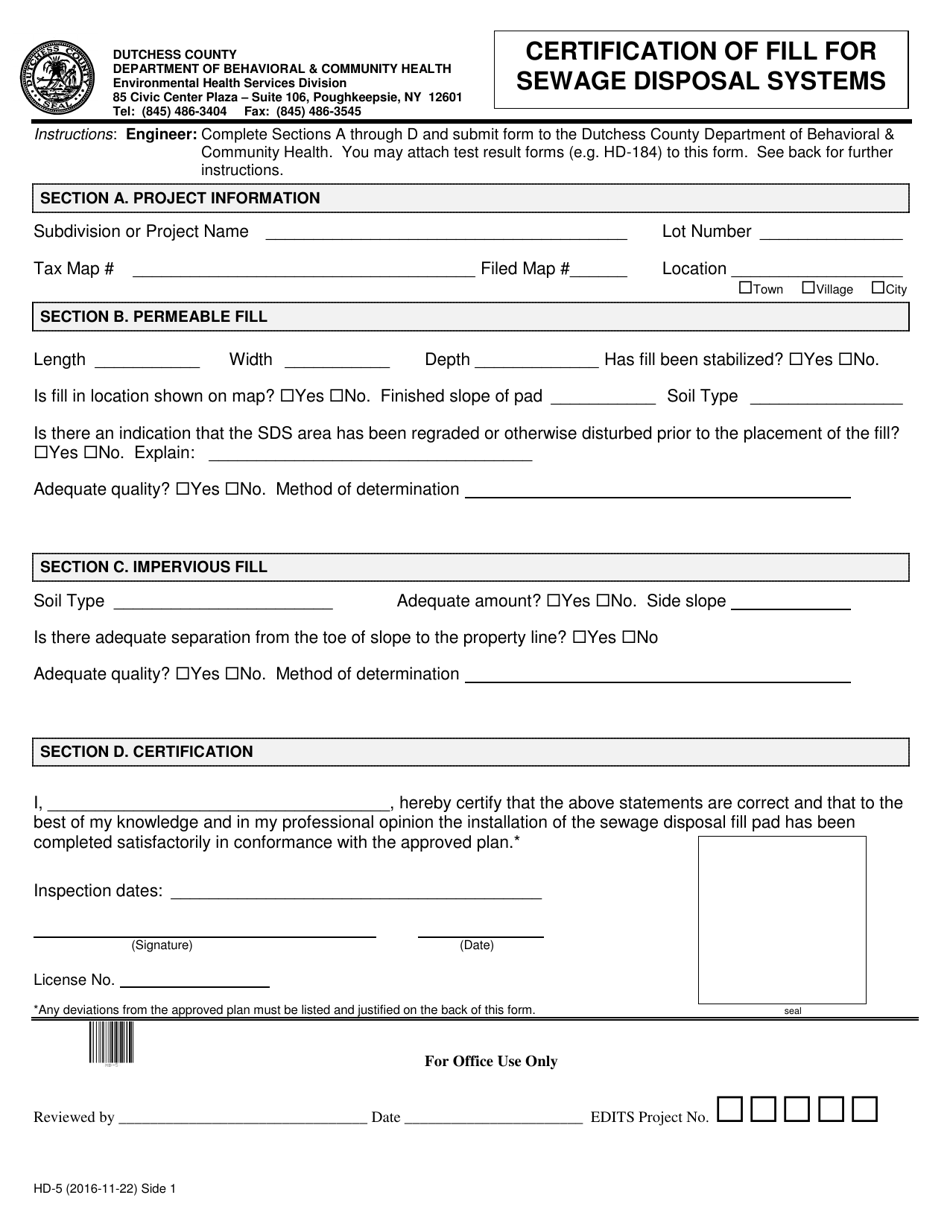 Form HD-5 Certification of Fill for Sewage Disposal Systems - Dutchess County, New York, Page 1