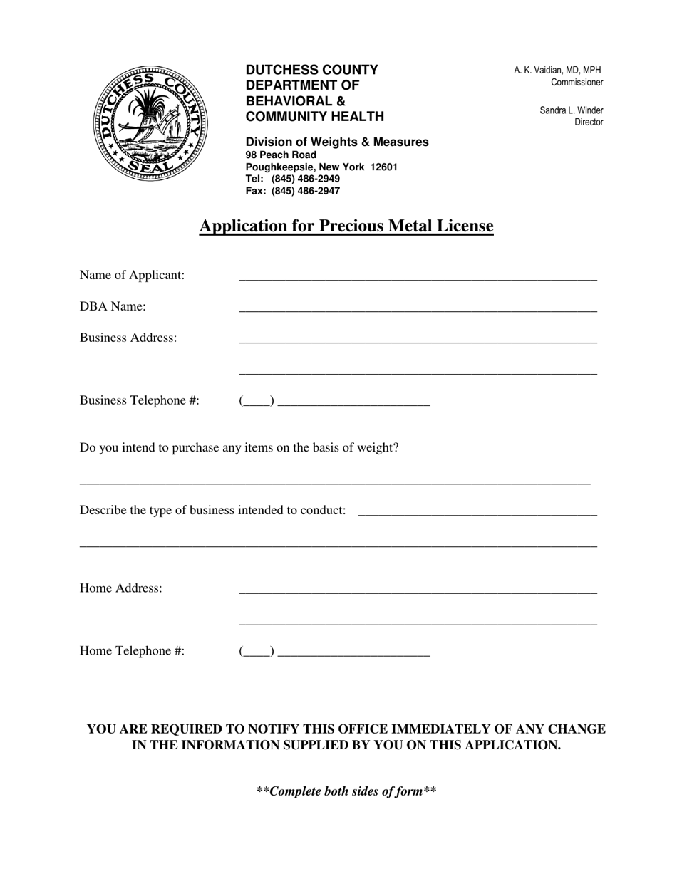 Application for Precious Metal License - Dutchess County, New York, Page 1