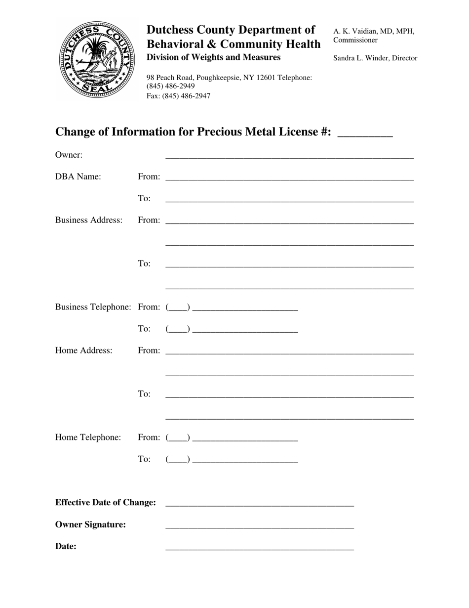 Precious Metal License Change of Information Form - Dutchess County, New York, Page 1