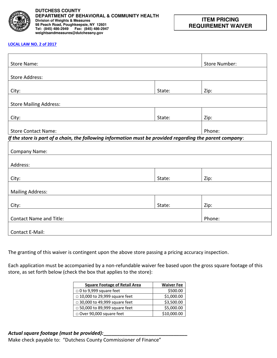 Item Pricing Requirement Waiver Application - Dutchess County, New York, Page 1