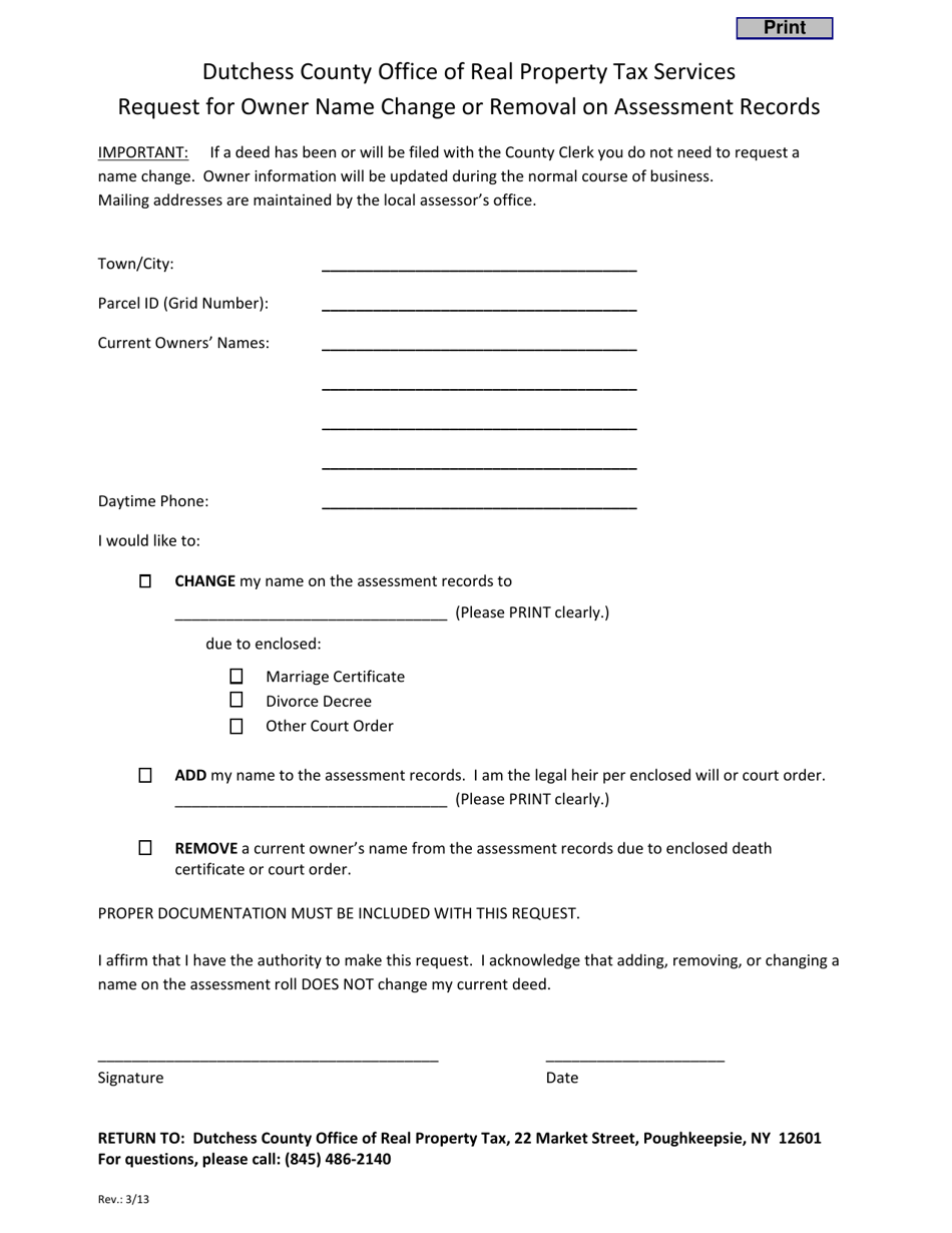 Dutchess County, New York Request for Owner Name Change or Removal on