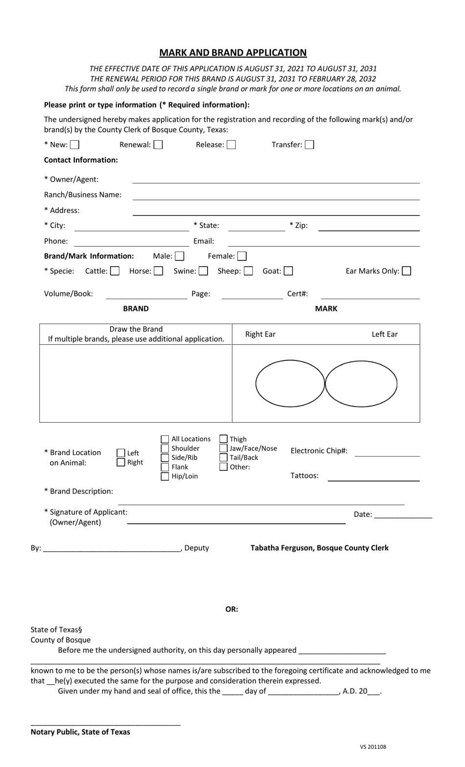 County of Bosque, Texas Mark and Brand Application Fill Out, Sign