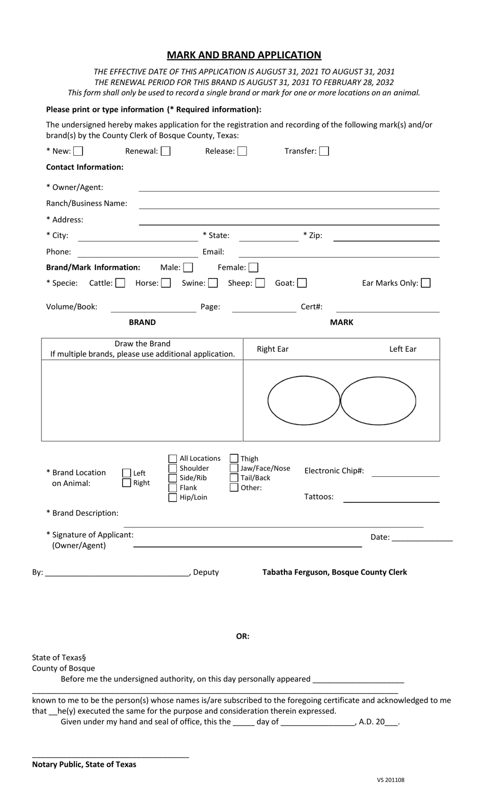 Mark and Brand Application - County of Bosque, Texas, Page 1