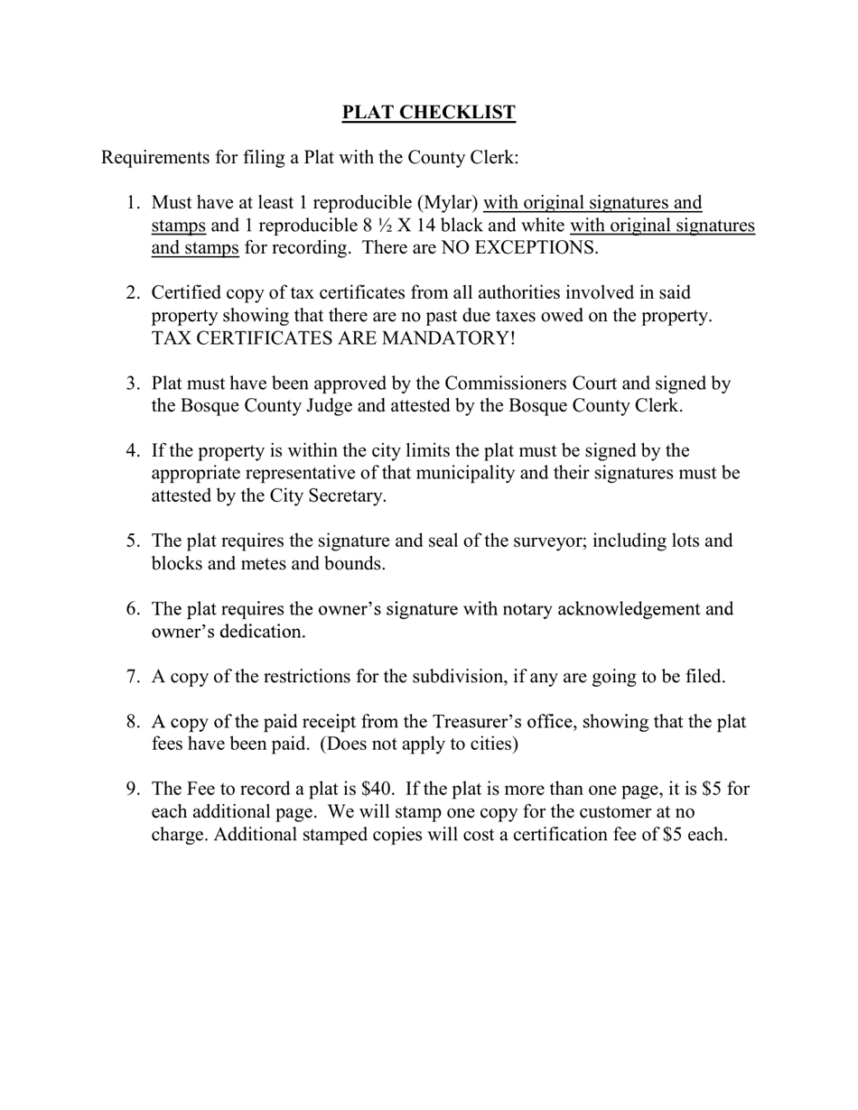 Plat Checklist - Bosque County, Texas, Page 1