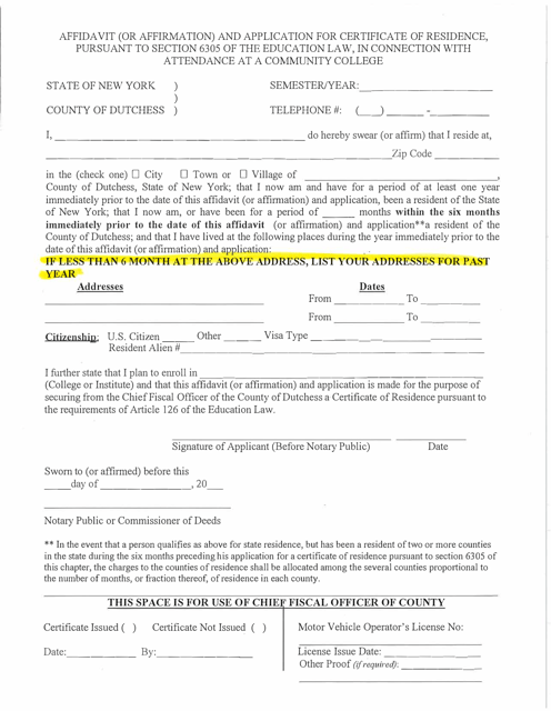 Affidavit (Or Affirmation) and Application for Certificate of Residence - Dutchess County, New York Download Pdf
