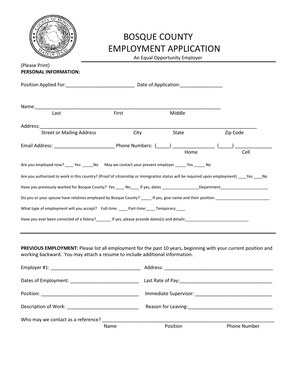 Employment Application - Bosque County, Texas, Page 1