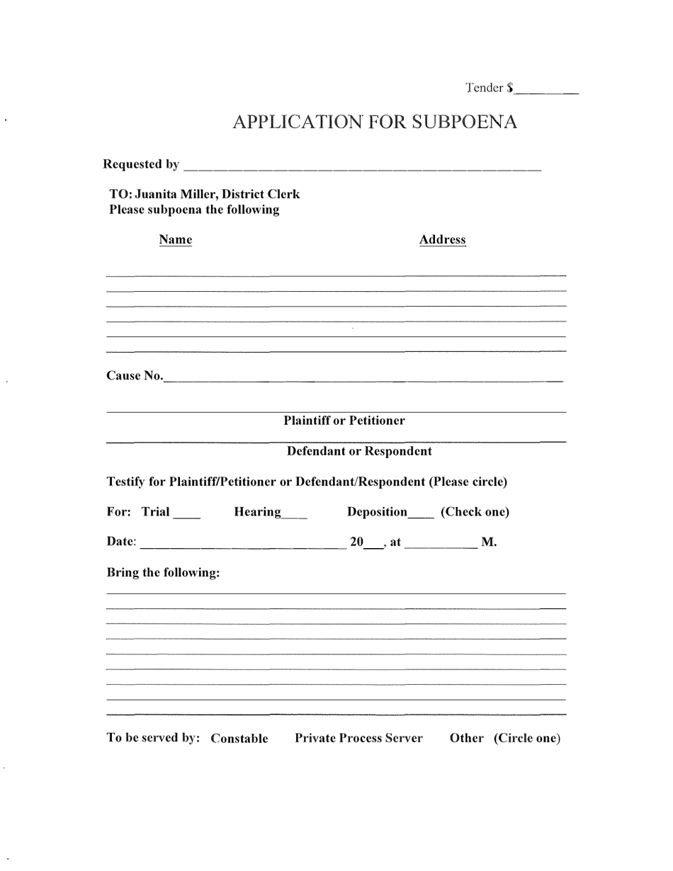 Request for Civil Subpoena Form - Bosque County, Texas, Page 1