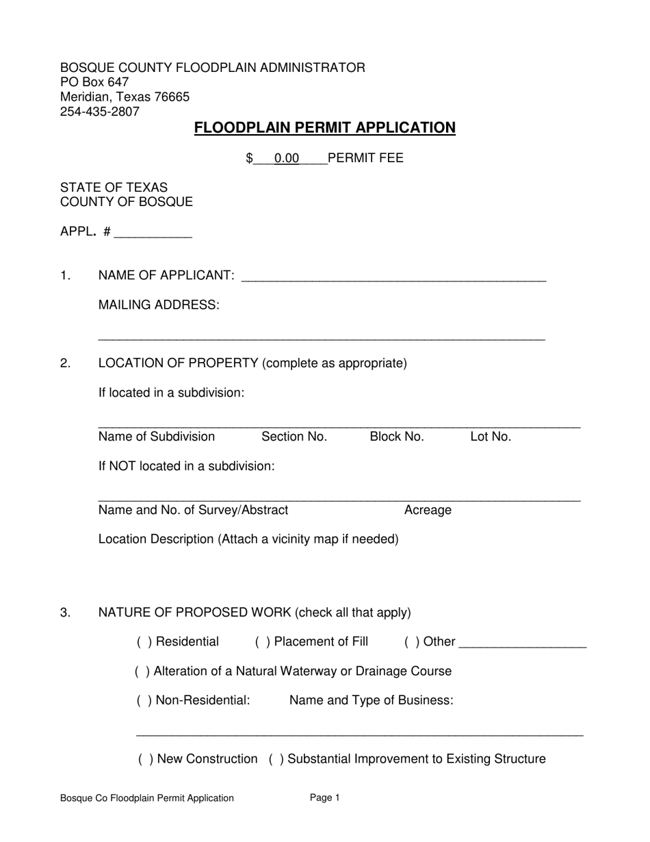 Floodplain Permit Application - Bosque County, Texas, Page 1