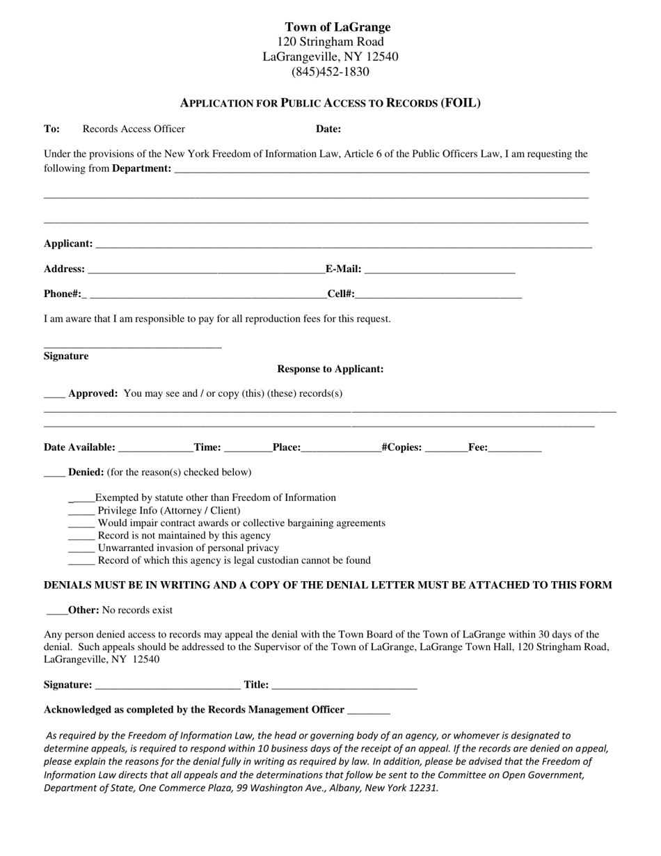 Town of LaGrange, New York Application for Public Access to Records