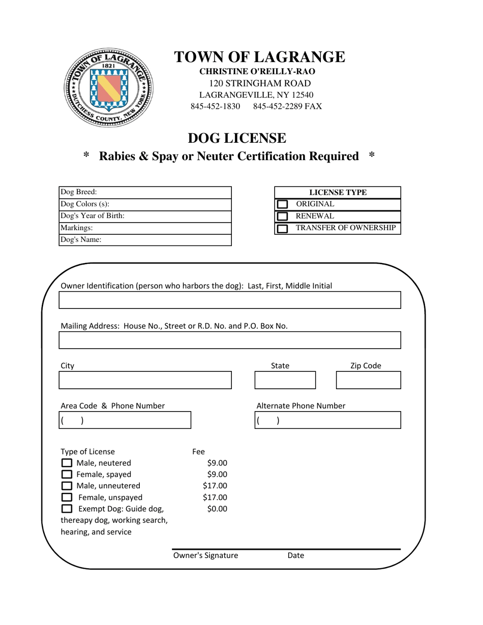 Town of Lagrange, New York Dog License Form Fill Out, Sign Online and