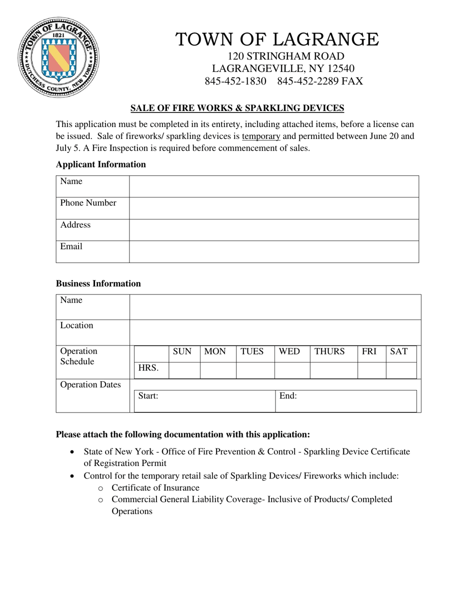Application for Sale of Fireworks  Sparkling Devices - Town of LaGrange, New York, Page 1