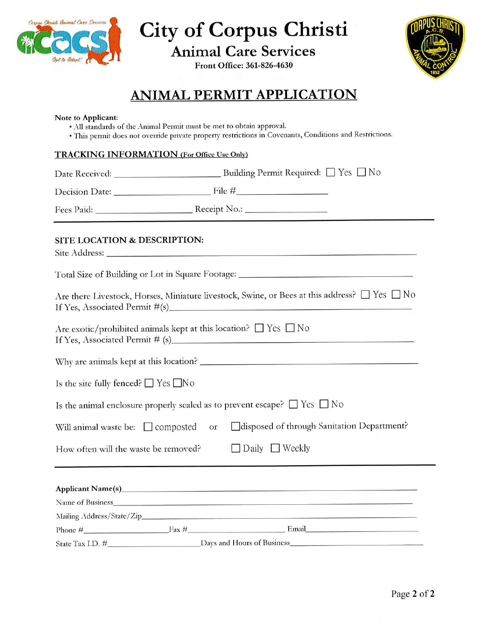 Animal Permit Application - City of Corpus Christi, Texas Download Pdf