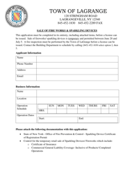 &quot;Application for Sale of Fireworks &amp; Sparkling Devices&quot; - Town of LaGrange, New York