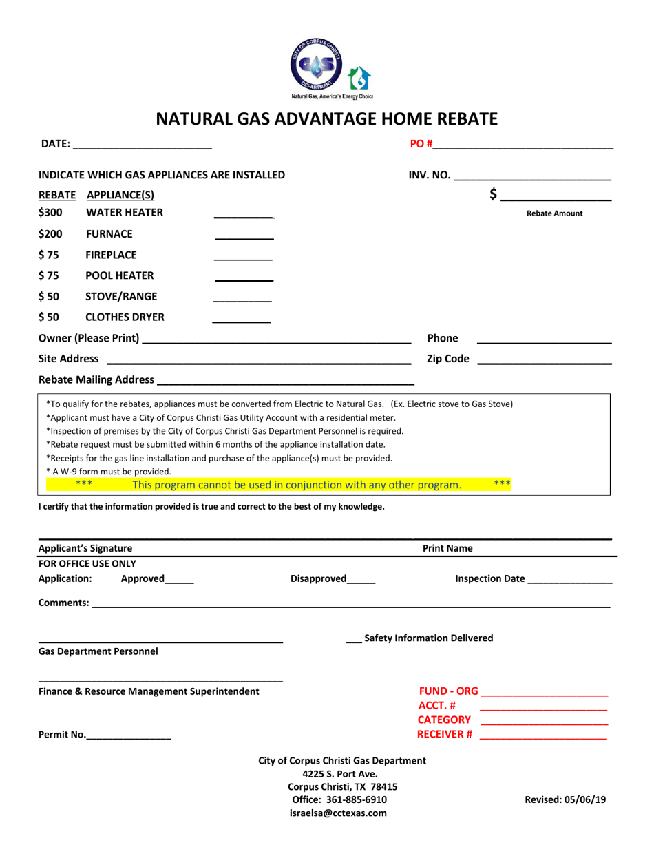 Natural Gas Advantage Home Rebate Form - City of Corpus Christi, Texas, Page 1