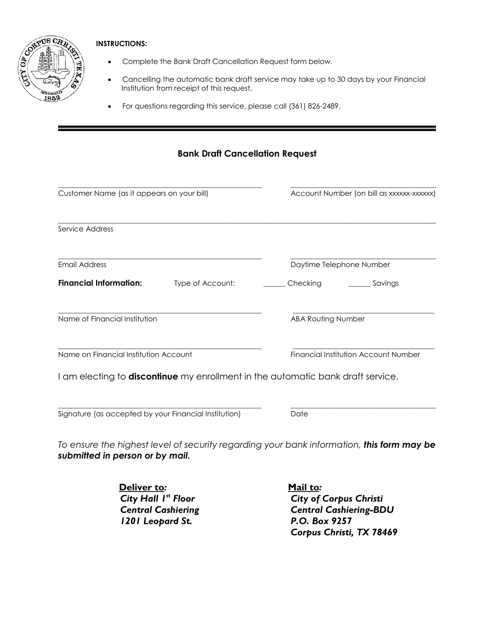 Bank Draft Cancellation Request - City of Corpus Christi, Texas Download Pdf