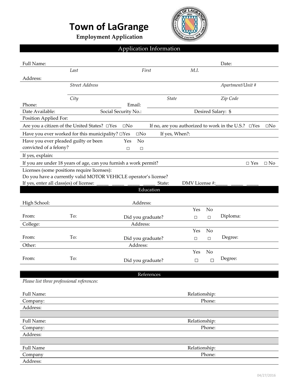 Employment Application - Town of LaGrange, New York, Page 1