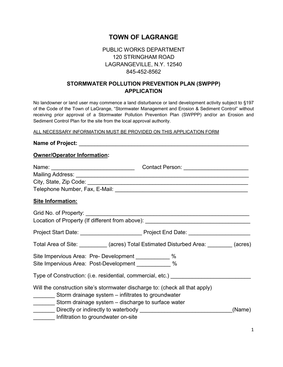 Stormwater Pollution Prevention Plan (Swppp) Application - Town of LaGrange, New York, Page 1