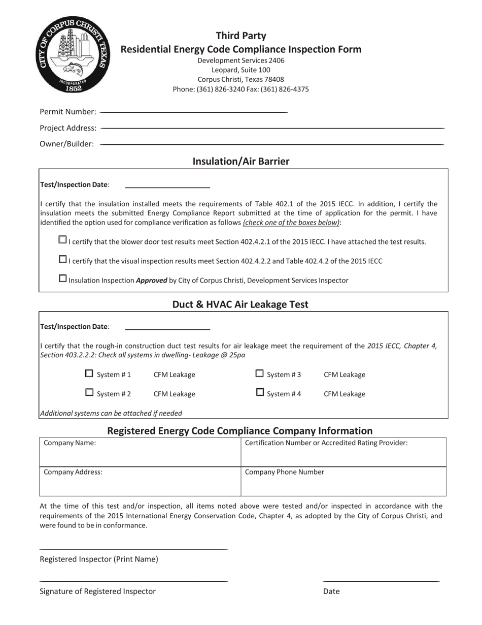 Third Party Residential Energy Code Compliance Inspection Form - City of Corpus Christi, Texas, Page 1