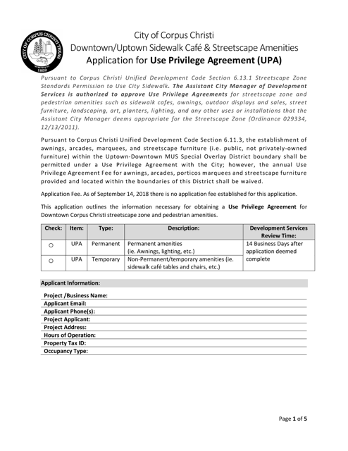Application for Use Privilege Agreement (Upa) - Downtown / Uptown Sidewalk Cafe & Streetscape Amenities - City of Corpus Christi, Texas Download Pdf