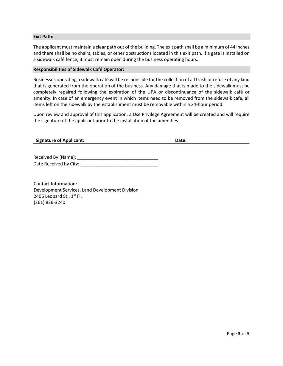 Application for Use Privilege Agreement (Upa) - Downtown / Uptown Sidewalk Cafe  Streetscape Amenities - City of Corpus Christi, Texas, Page 3