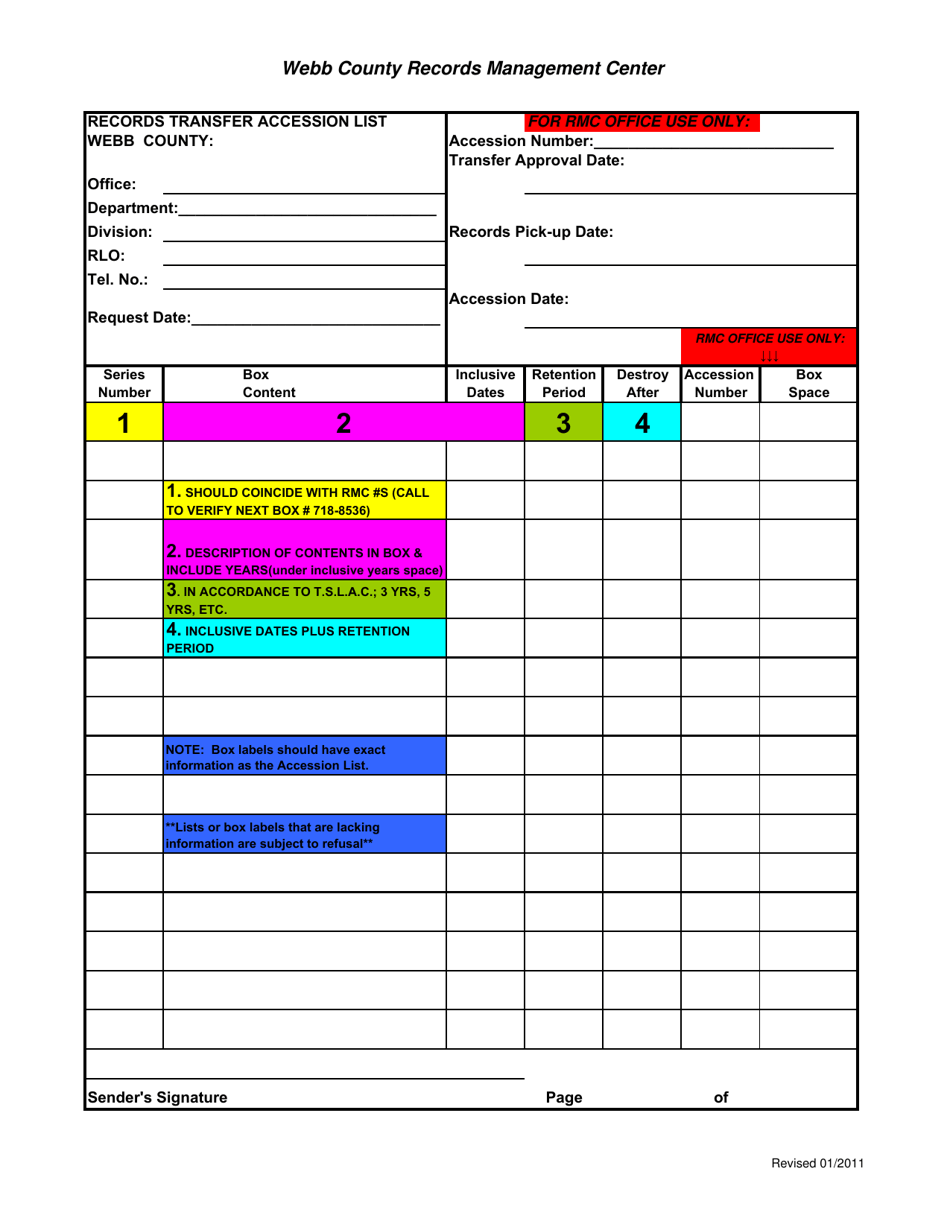 Webb County, Texas Records Transfer Accession List Download Printable ...