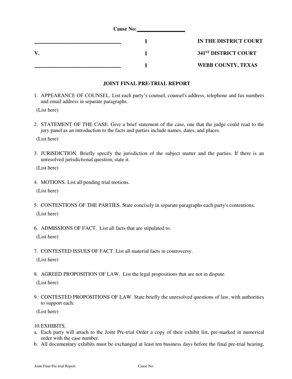 Joint Final Pre-trial Report - 341st District - Webb County, Texas, Page 1