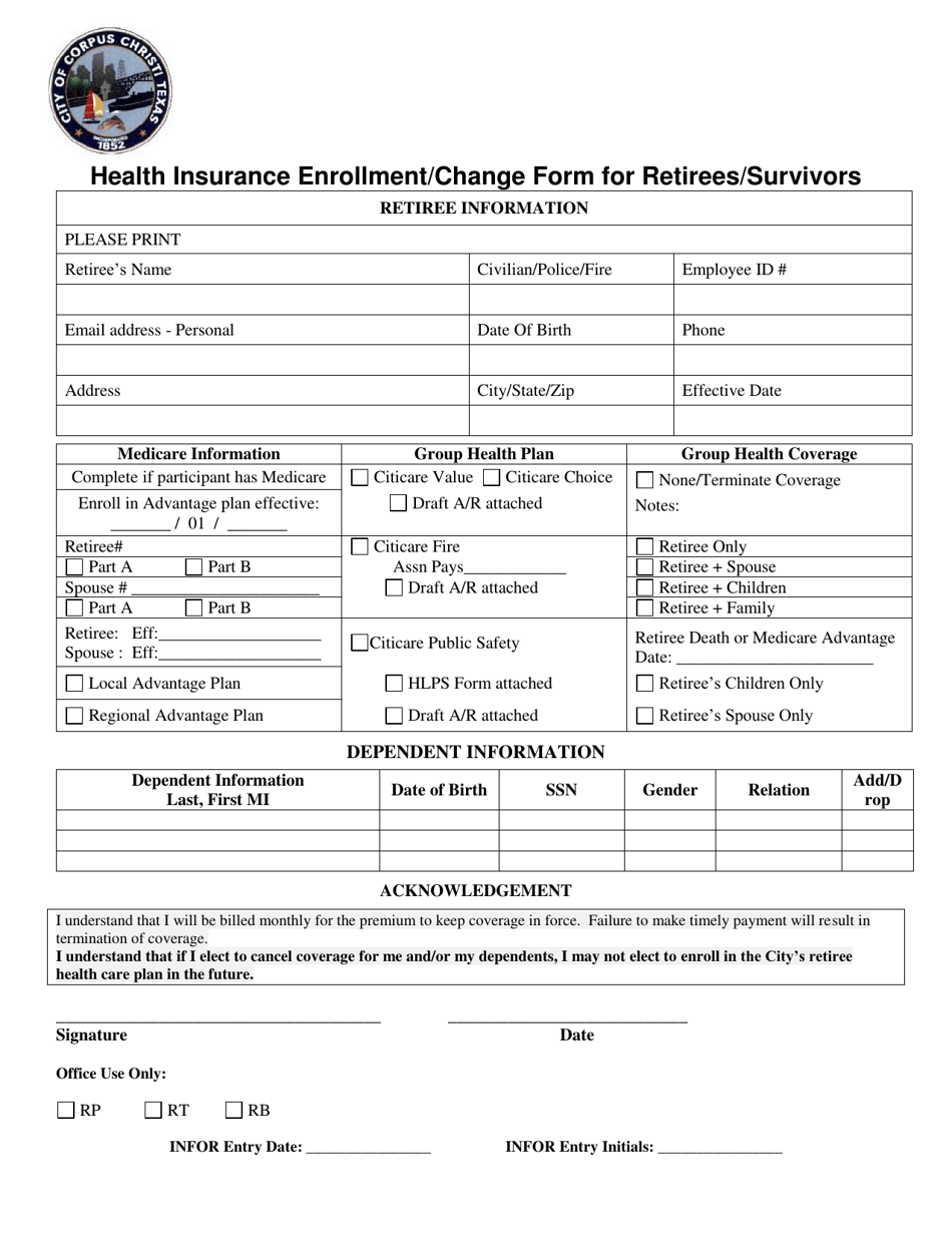 Health Insurance Enrollment / Change Form for Retirees / Survivors - City of Corpus Christi, Texas, Page 1