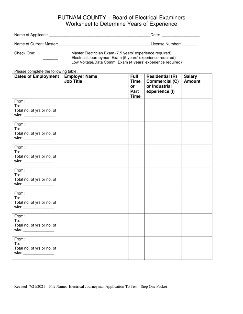 Application to Apply for Electrical Journeyman Exam - Step One - Putnam County, New York, Page 5