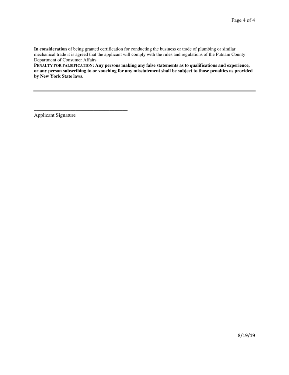 Plumbing / Mechanical Trades Step One Master License Application - Putnam County, New York, Page 4