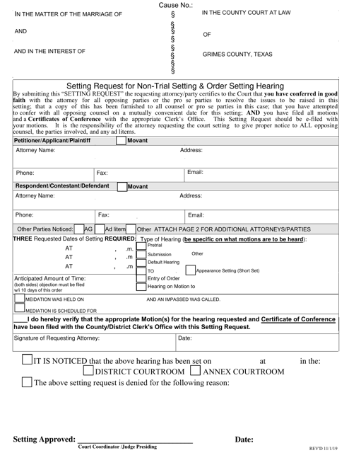 Setting Request for Non-trial Setting & Order Setting Hearing -family - Grimes County, Texas Download Pdf