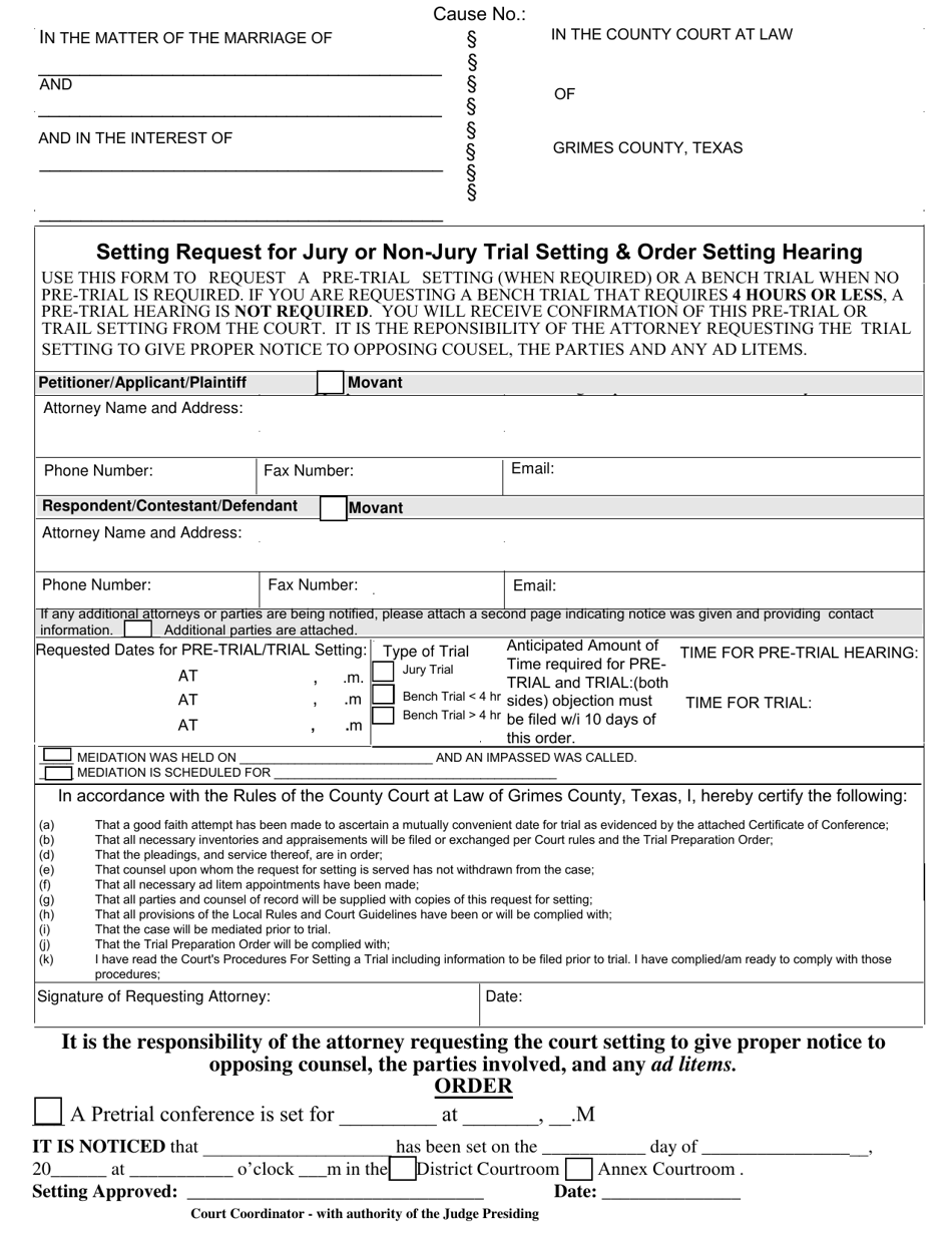 Setting Request for Jury or Non-jury Trial Setting  Order Setting Hearing - Family - Grimes County, Texas, Page 1