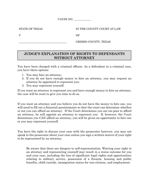 Judge's Explanation of Rights to Defendants Without Attorney - Grimes County, Texas Download Pdf