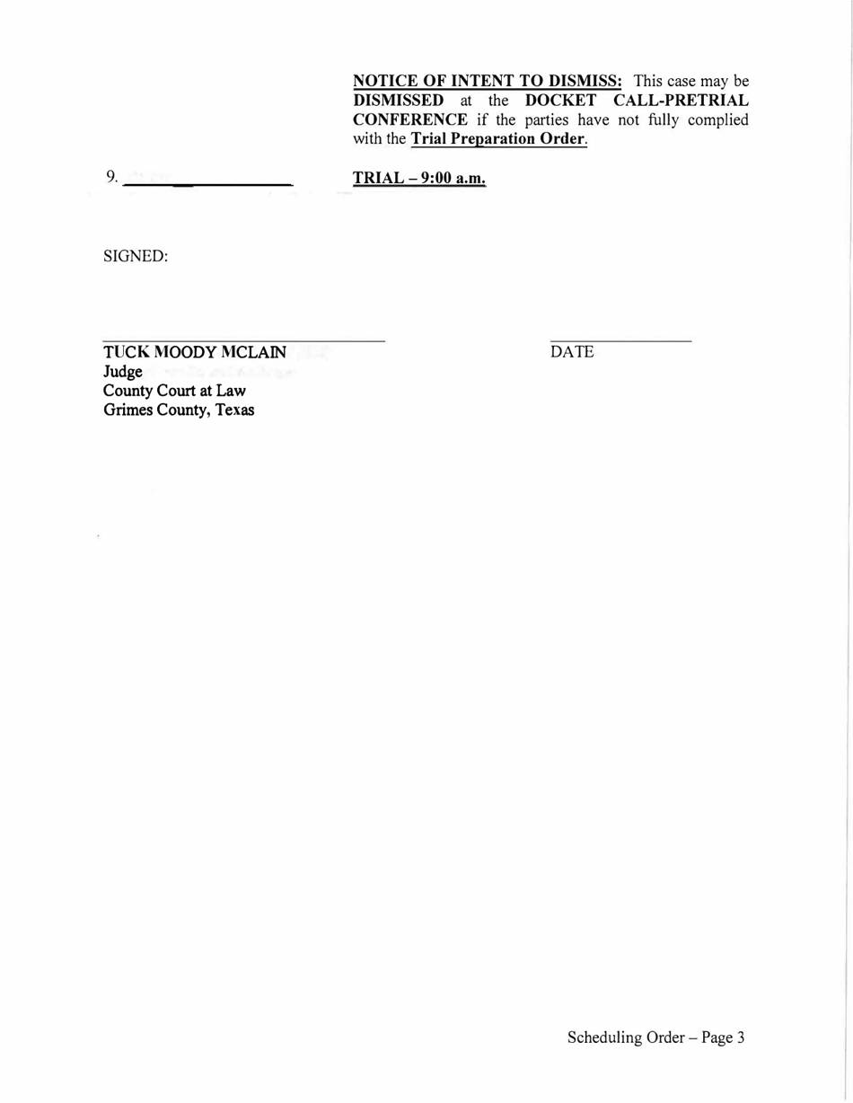 Scheduling Order - Family Law - Grimes County, Texas, Page 3