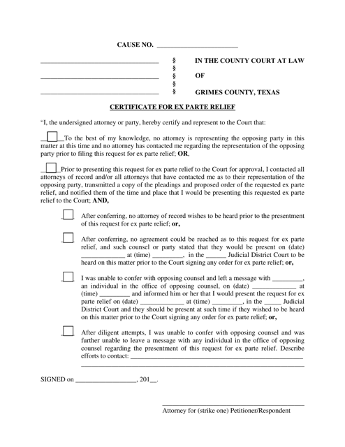Certificate for Ex Parte Relief - Grimes County, Texas Download Pdf