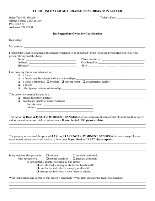 Court Initiated Guardianship Information Letter - Grimes County, Texas Download Pdf