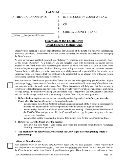 Guardian of the Estate Only Court-Ordered Instructions - Grimes County, Texas