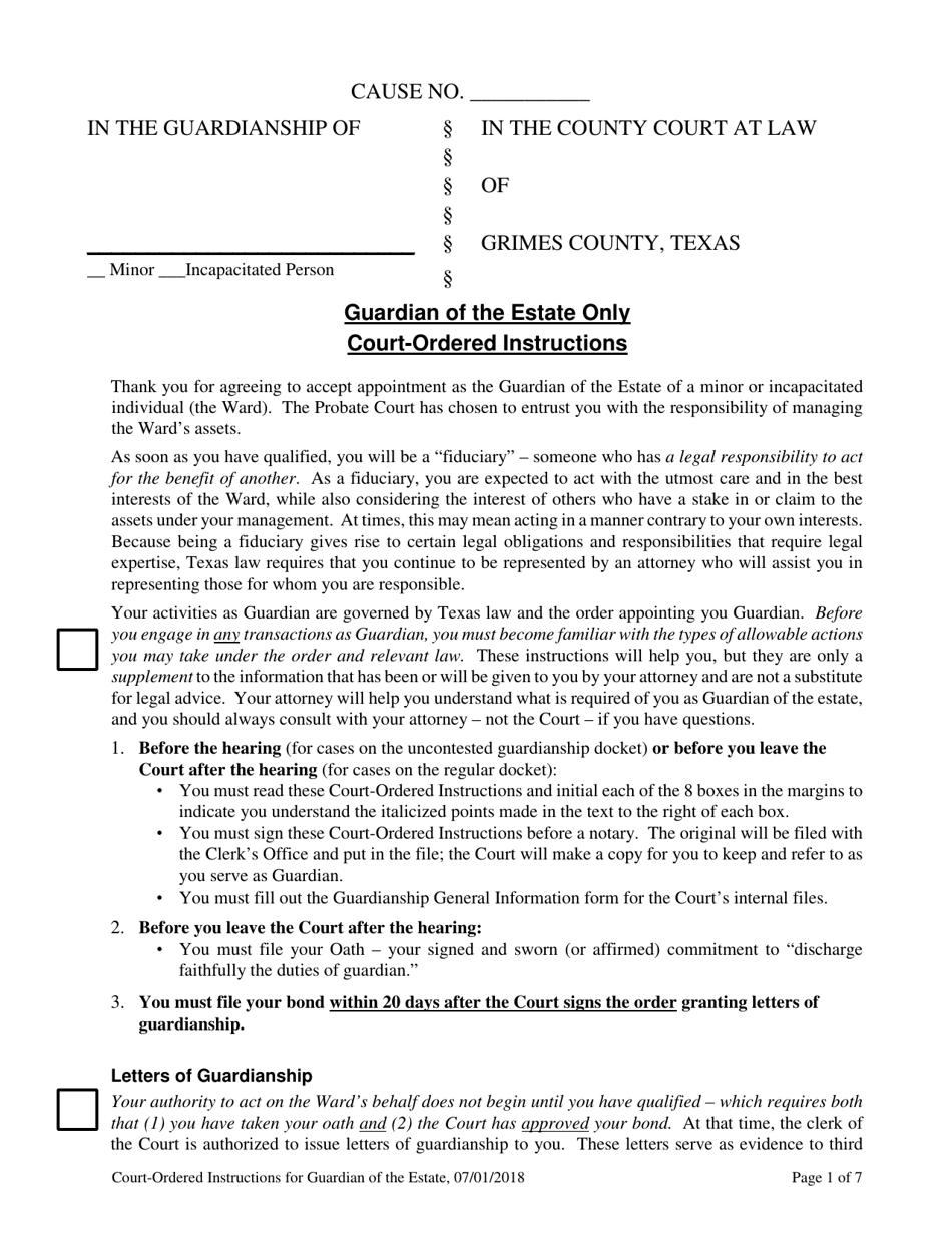 Guardian of the Estate Only Court-Ordered Instructions - Grimes County, Texas, Page 1