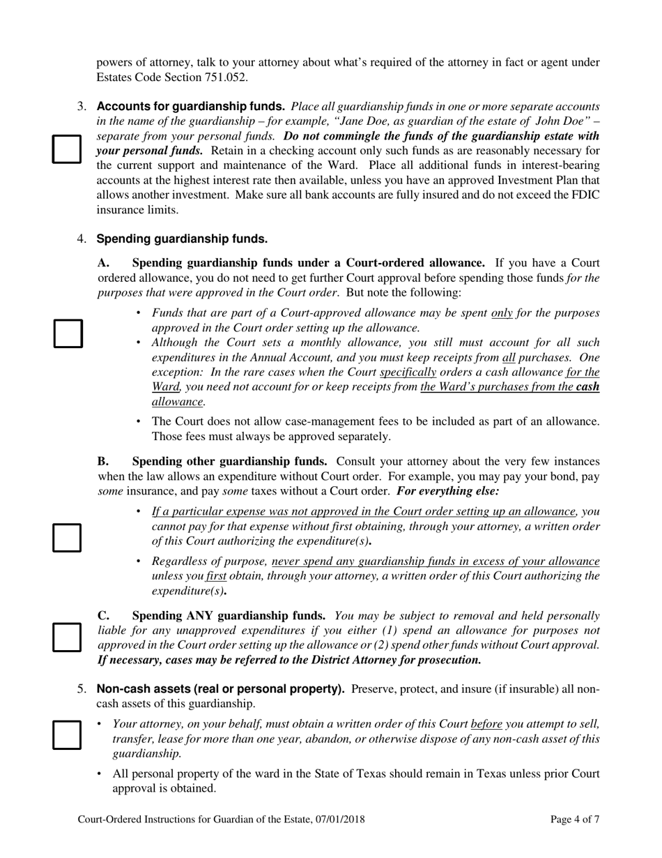 Guardian of the Estate Only Court-Ordered Instructions - Grimes County, Texas, Page 4