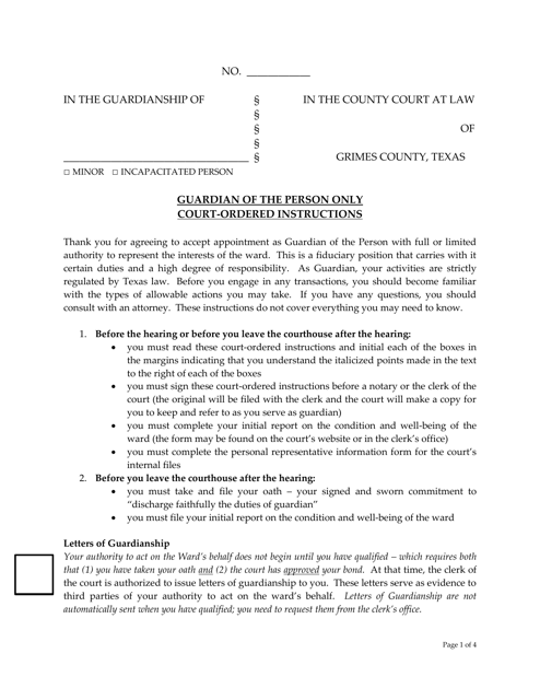 Guardian of the Person Only Court-Ordered Instructions - Grimes County, Texas Download Pdf