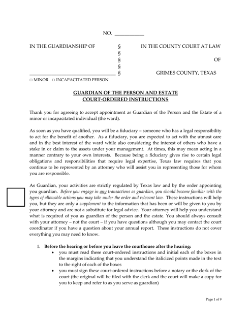 Guardian of the Person and Estate Court-Ordered Instructions - Grimes County, Texas Download Pdf