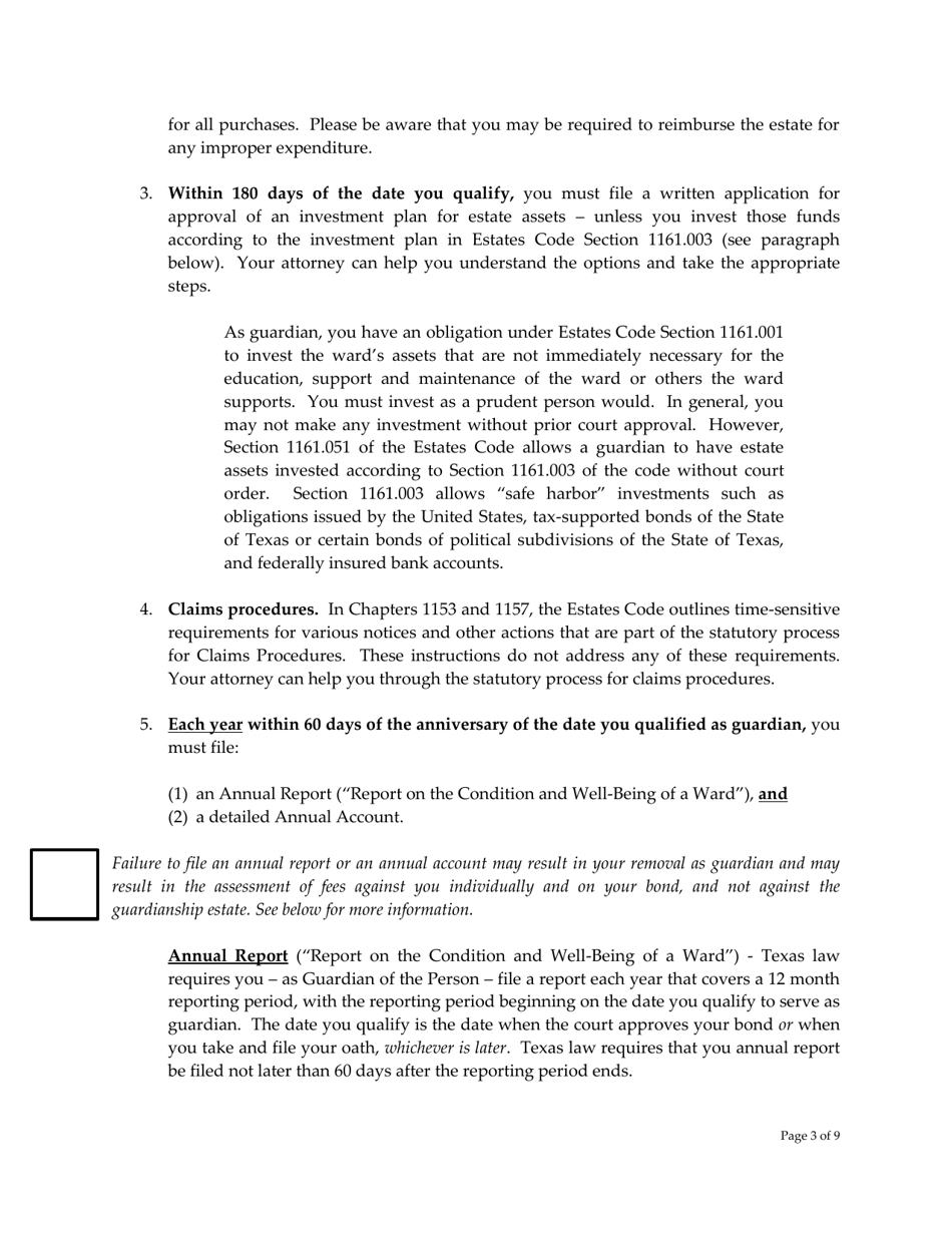 Guardian of the Person and Estate Court-Ordered Instructions - Grimes County, Texas, Page 3