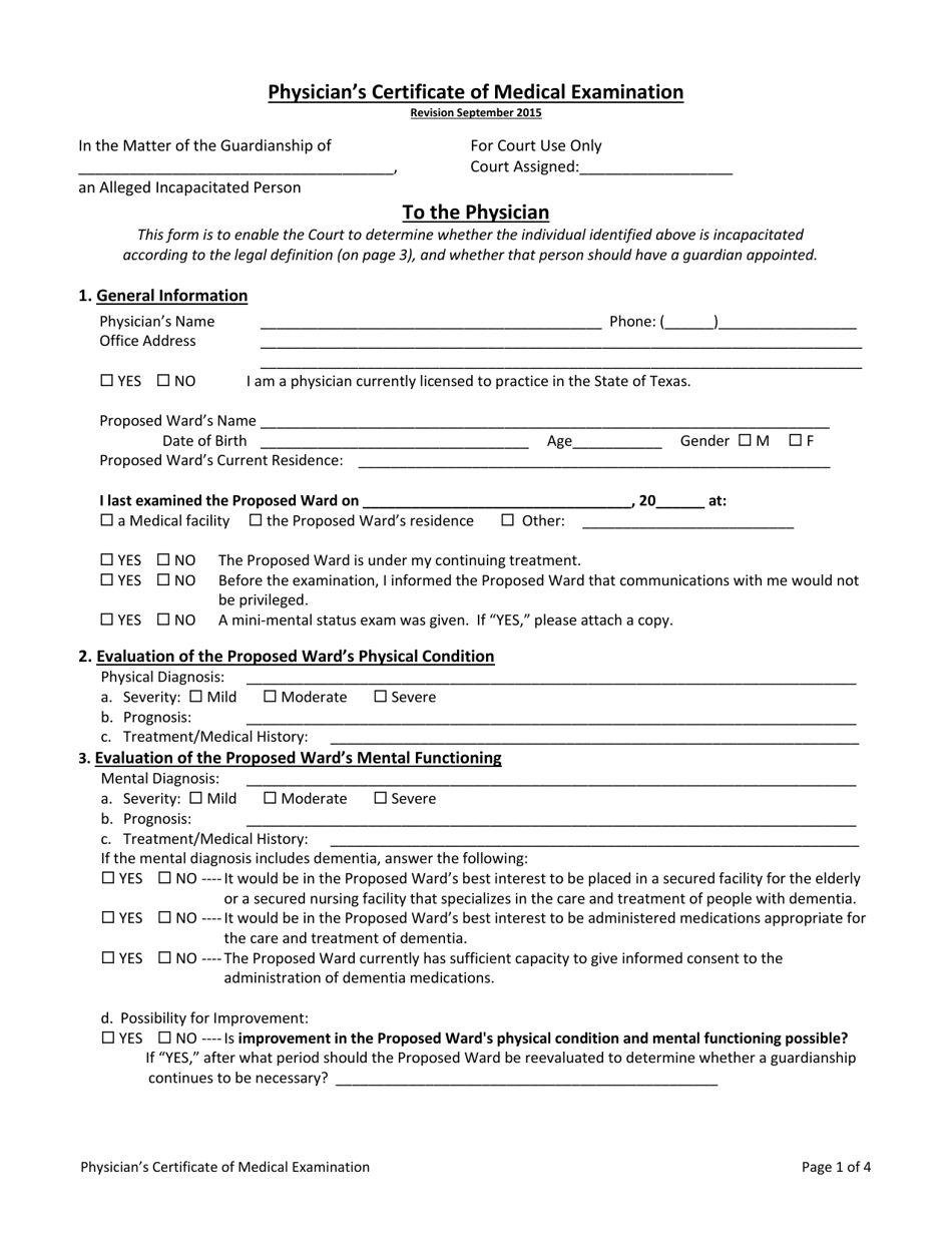 Physicians Certificate of Medical Examination - Harris County, Texas, Page 1