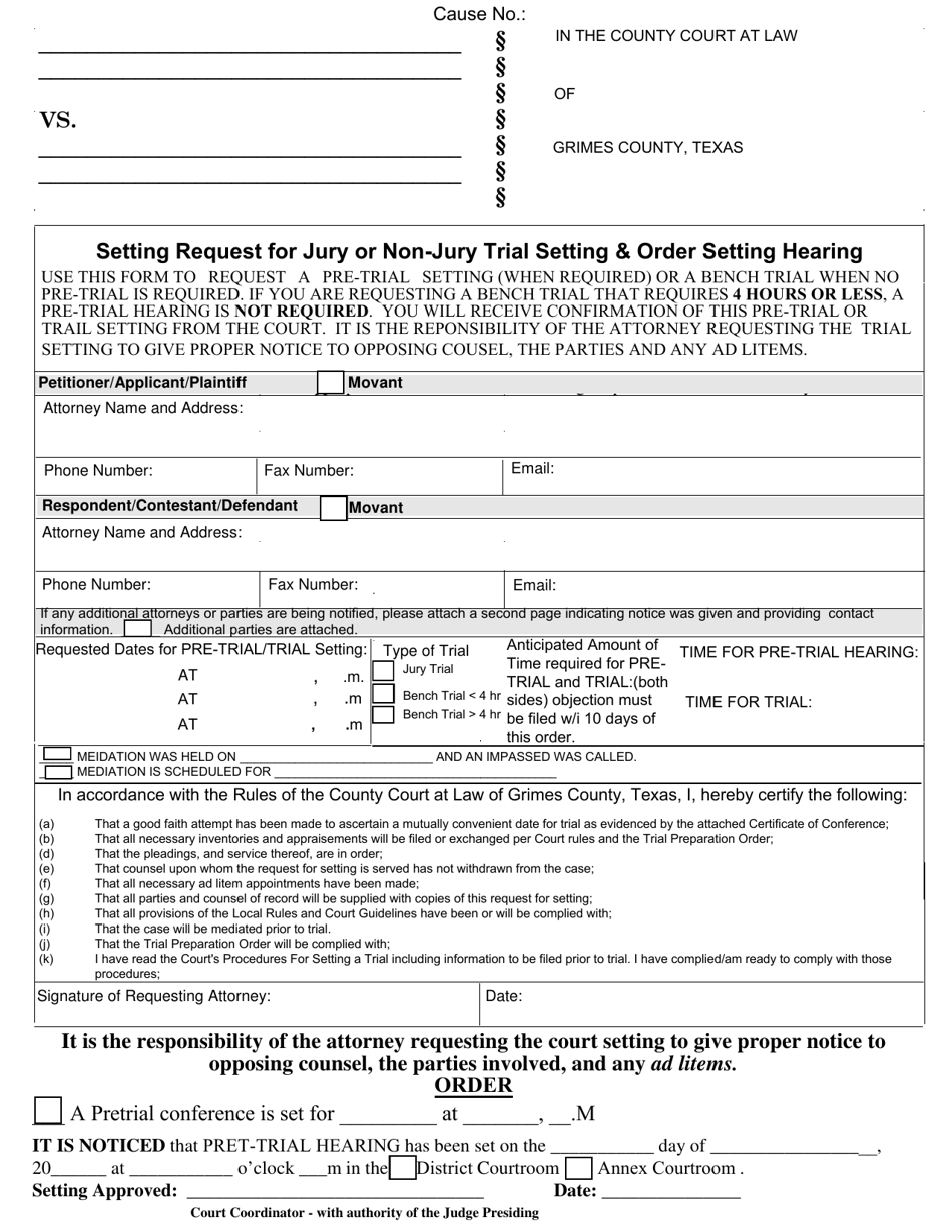 Setting Request for Jury or Non-jury Trial Setting  Order Setting Hearing - Civil - County of Grimes, Texas, Page 1