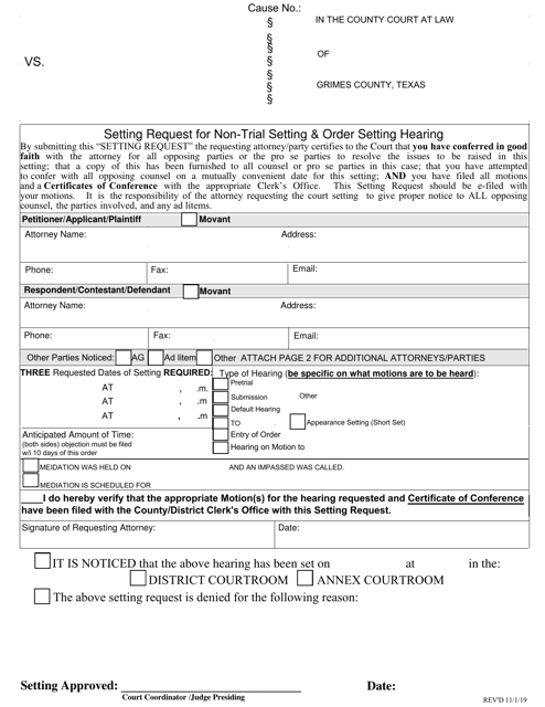 Setting Request for Non-trial Setting & Order Setting Hearing - Civil General - Grimes County, Texas