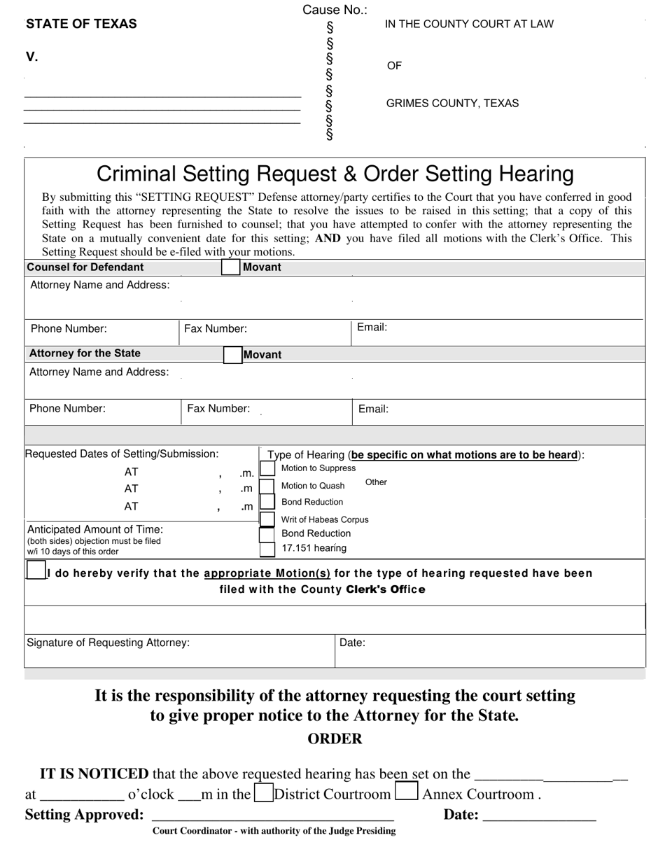 Criminal Setting Request  Order Setting Hearing - Grimes County, Texas, Page 1