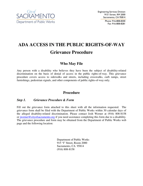 Ada Access in the Public Rights-Of-Way Grievance Form - City of Sacramento, California Download Pdf