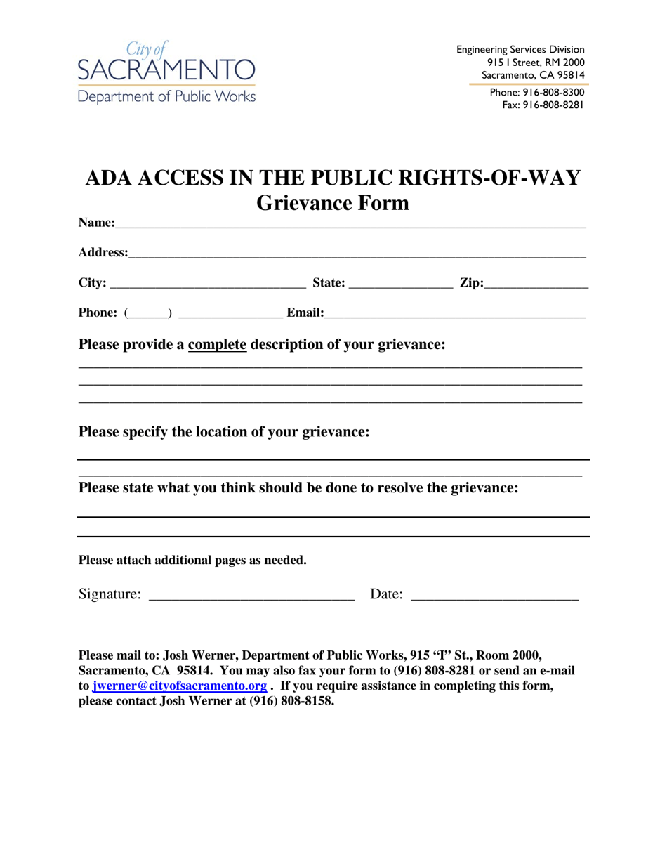 Ada Access in the Public Rights-Of-Way Grievance Form - City of Sacramento, California, Page 3