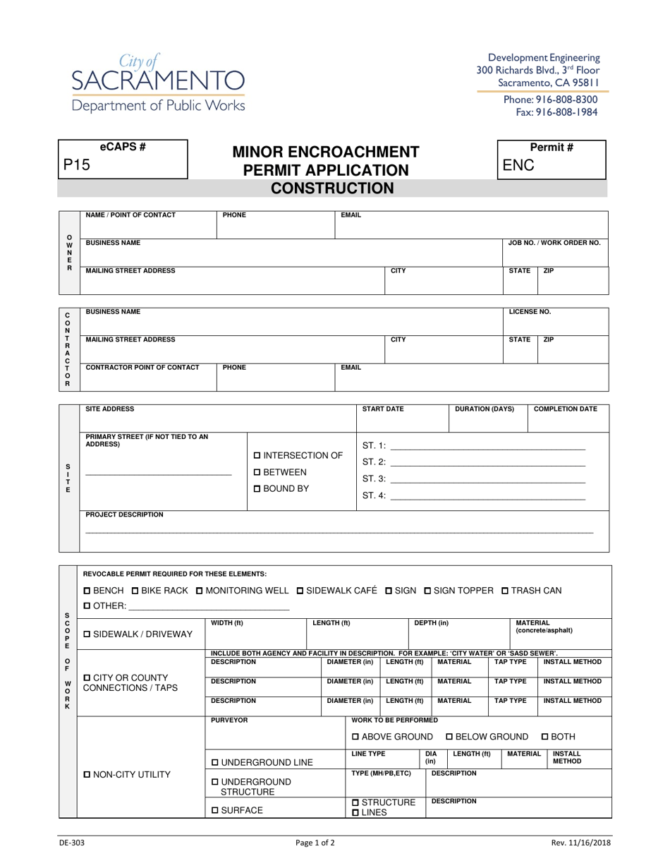 Form DE-303 Minor Encroachment Permit Application - Construction - City of Sacramento, California, Page 1