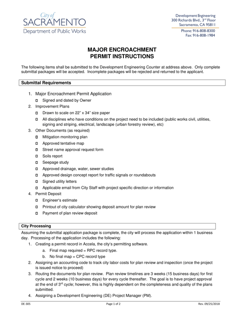 Instructions for Form DE-304 Major Encroachment Permit Application - City of Sacramento, California