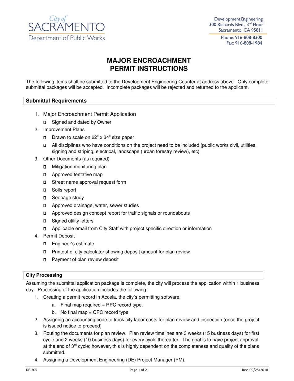 Instructions for Form DE-304 Major Encroachment Permit Application - City of Sacramento, California, Page 1